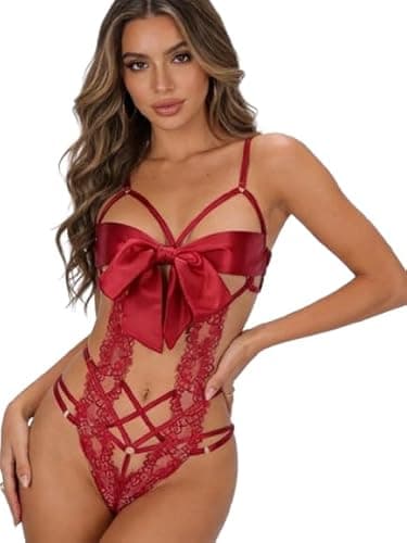 Image of ADUDVLO Sexy Lingerie for Women Sets Lace Bodysuit One Piece with Big Bow, Unwrap Me Sexy Lingerie Gift (Red, One Size)
