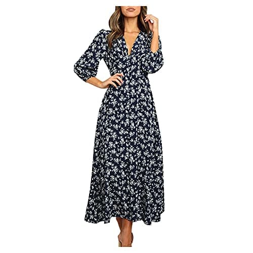 Image of Women's Elegant Summer Chiffon Dress - 3/4 Sleeve, V-Neck Wrap, High Waist, Ruffle Maxi, A-Line, Long Sleeve, Pleated, Floral, Party Wear for Autumn