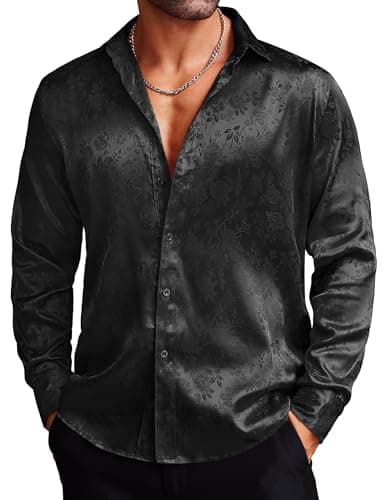 Image of COOFANDY Mens Shirts Long Sleeve Silk Dress Floral Rose Printed Wedding Party Button Down Shirts Black M