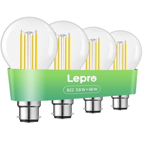 Image of Lepro B22 Bayonet Light Bulb, A-Rated Ultra-efficient LED Bulb, 3.8W = 60W, 806lm, 2700K Warm White, 50000H Lifespan, Clear Filament, Vintage Glass, Non-dimmable, Pack of 4