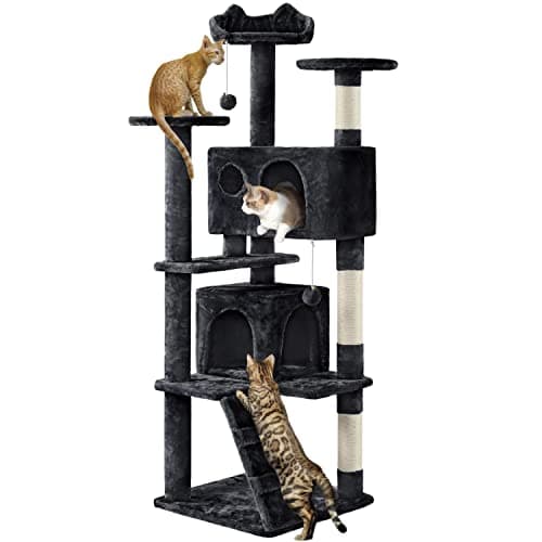 Image of Yaheetech Cat Tree, 158cm Cat Tower with Scratching Post, 2 House and Dangling Balls Pet Furniture for Indoor Kittens, Black