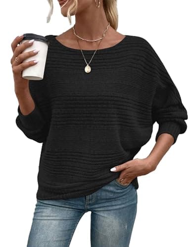 Image of Gemulate Crew Neck Batwing Sleeves Sweater Off The Shoulder Jumper Loose Knitted Sweaters and Pullovers Jumper Tunic Tops for Women Autumn Clothes Black M