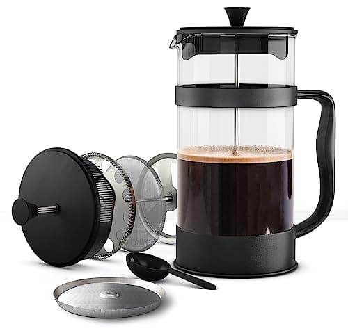 Image of KICHLY 600ml Cafetiere 4 Cups French Press Coffee Maker, Coffee Press and Tea Maker with Triple Filters, Heat Resistant Borosilicate Glass Cafetiere with Steel Plunger (0.6Ltr, Black, 1 Piece)