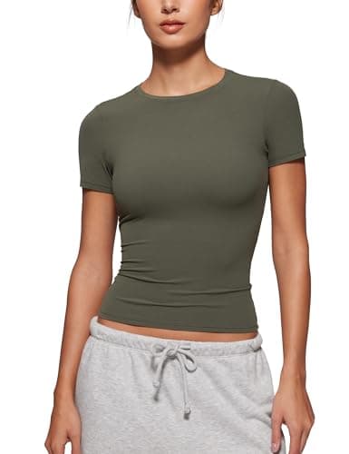 Image of CRZ YOGA Womens Softembrace Going Out T-Shirts Basic Slim Fit Soft Shirts High Crew Neck Casual Tight Fitted Short Sleeve Tops Light Army Green 12