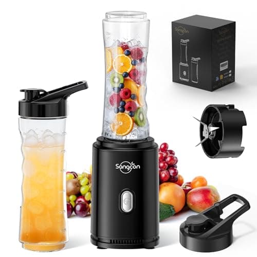 Image of Sangcon Mixer Smoothie Maker,Electric Portable Sports Blender for Shakes and Smoothies, with 2 BPA-Free 600ML Tritan To Go Bottles + 2 Drinking Caps, 4-Blade Knife, Pulse Button, Black