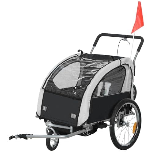 Image of HOMCOM 2 Seat Bike Trailer for Kids, Baby Bike Stroller with 5 Point Harness, Child Bicycle Trailer with Safety Flag, Reflectors, Windproof Curtain, for 18+ Months, Black