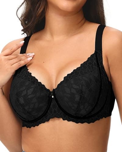 Image of Svmer Women‘s Lace Bra Plus Size Comfortable Ladies Support Underwire Push Up Bra All Black 44D