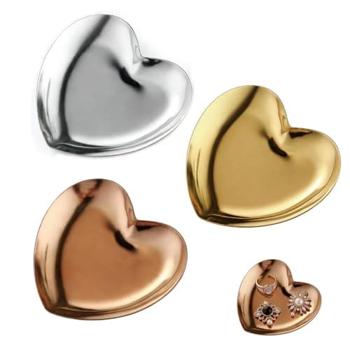 Image of 3-Piece Heart Shaped Jewelry Tray Set (Luxury Gold, Rose Gold & Moonlight Silver) Stainless Steel Trinket Dish Organizer Kit for Earrings Rings Necklaces, Decorative Vanity Dresser Tray Collection