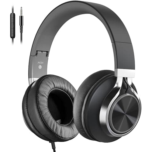 Image of COOSII AC01 Headphones Wired Over Ear, Corded Stereo Headsets with Microphone Volume Control for Adults Teens Kids 3.5mm for Cellphones, Tablets, Laptop, Chromebook (Black Grey)