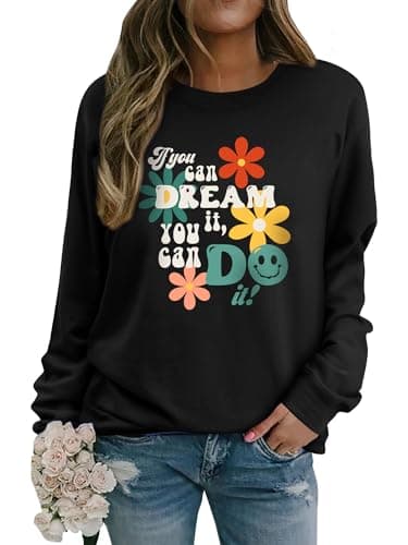 Image of Yihelian Sweatshirts for Women Slogan Flower Graphic Printing Top Long Sleeve Crew Neck Shirt Casual Fashion Loose Blouse Black