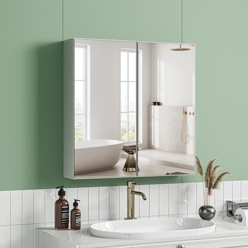 Image of Dripex Bathroom Mirror Cabinet Double Door, Wall Mounted Storage Cupboard, Wall Cabinet with Mirror for Bathroom with Adjustable Shelf, White, 60 x 60 x 12cm