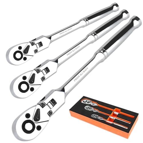 Image of PRIDE&CRAFT 3pc Flex Head Ratchet Wrench Set, 1/4", 3/8", 1/2" Drive, 72-Tooth, Socket Wrench Quick Release Reversible Design, Chrome Alloy Made, EVA Organizer