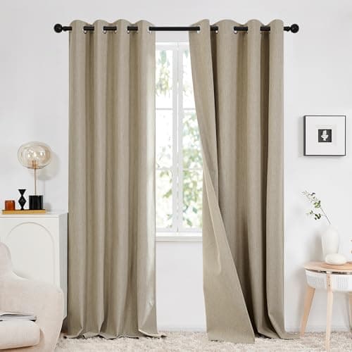 Image of Deconovo 100% Blackout Faux Linen Curtains, Double-Sided, Thermal Insulated, Noise-Reducing, Eyelet Curtains for Bedroom & Living Room - 2 Panels (Taupe 66"x90")
