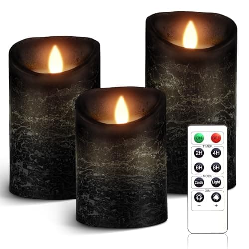 Image of AnnSpa LED Candle 3 Set Battery Operated with 10-Key Remote Control and Cycling 24 Hours Timer, Flameless Real Wax Flickering Moving Wick Flickering Amber Yellow Light Pillar Candles （Black）