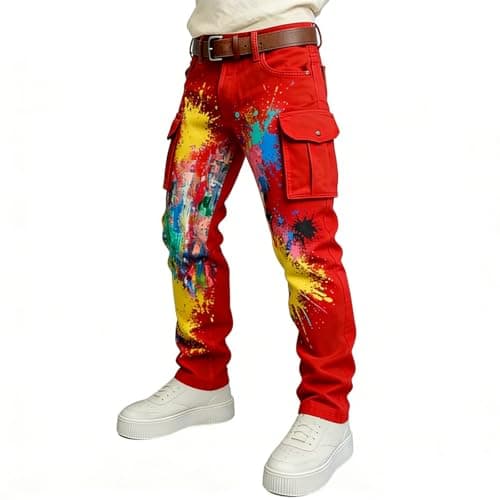 Image of Cargo Trousers Men's Printed Patchwork Straight Leg Men's Trousers Fashionable Colour Contrast Jogging Bottoms Many Pockets Sports Trousers Outdoor Elastic Leisure Trousers Colourful Relaxation