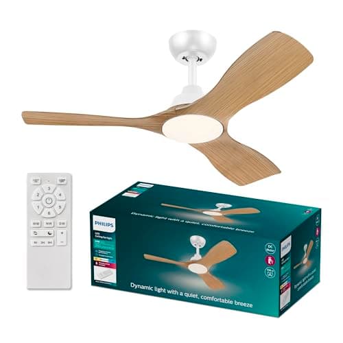 Image of Philips Olas Ceiling Fan, 3 Blades, 24W LED Light, DC Motor, Color Temperature Range (3000K-4300K-6500K) with Dimmable Function, Remote Included, 42",white and wood