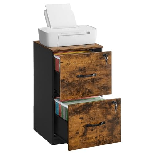 Image of VASAGLE File Cabinet, Filing Cabinet for Home Office, Printer Stand, with 2 Lockable Drawers, Adjustable Hanging Rails, for A4 and Letter-Size Files, Rustic Brown and Ink Black OFC061B01