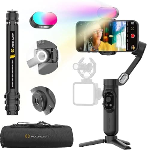 Image of AOCHUAN 3-Axis Gimbal Stabilizer for iPhone & Android w/RGB Light, Handheld Phone Gimbal for Video Recording w/AI Tracking,1/4 Thread, Extendable Tripod, Padded Carry Bag(Smart X Complete Combo1)
