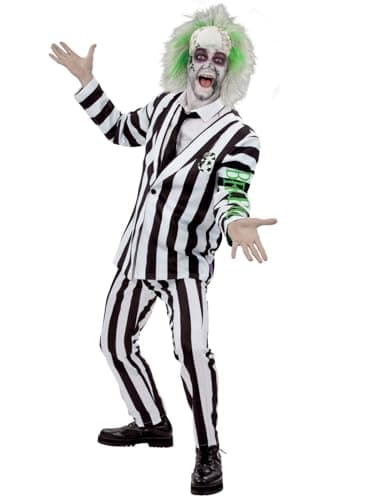 Image of Smiffys Beetlejuice Adult Costume with Shirt Dress Collar Mock Tie and Cuffs Black and White Stripes Purple Zip Up Front Official Warner Brothers Licensed Halloween Costume, Medium