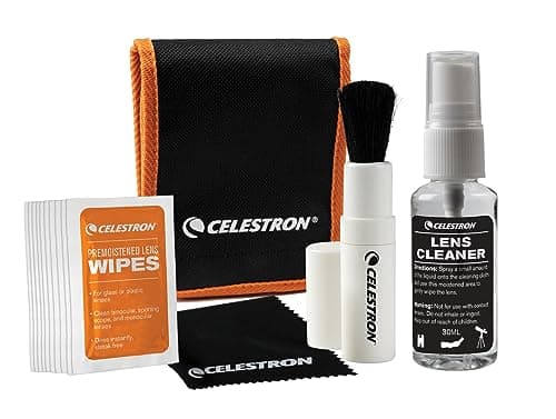Image of Celestron 93576 Lens Cleaning Kit - Includes 10 x Lens Wipes, Cleaning Fluid, Lens Cloth and Retractable Lens Brush in a Soft Carry Pouch, Black/Orange