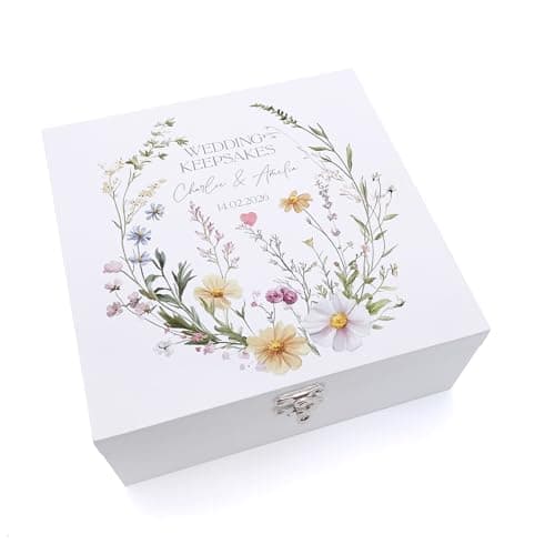 Image of ukgiftstoreonline Personalised Couple Wedding Keepsake Box, Delicate Floral Design, Wood or Ribbon Material,