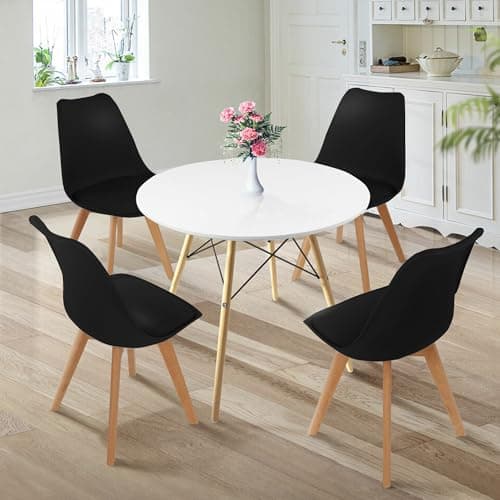 Image of JupiterJX Modern Design Dining Table And Chairs Set 4, Round Kitchen Table Tulip Retro Lounge Chairs With Wooden Legs, Complete Dining Set White Table 80cm With Chairs For Home Office (Black, 4 Chair)