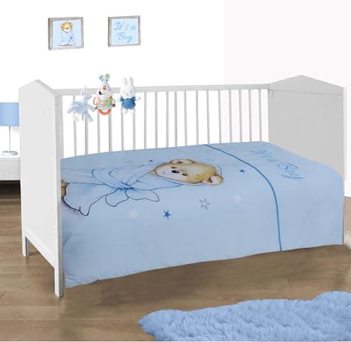 Image of Charlotte Andersen Boys Baby Cot Bedding Set – 2 Piece Set Cot Duvet & Fitted Sheet, 100% Cotton, Soft & Breathable, Hypoallergenic, Cute Blue Nursery Design, Fits Standard Cot Beds (BLUE)