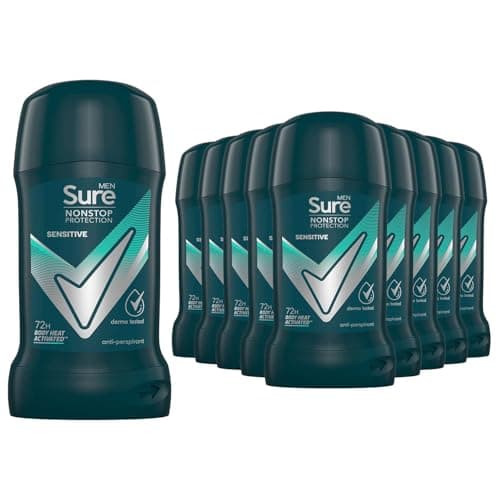 Image of Sure Antiperspirant Deodorant Stick Sensitive 72H Nonstop Sweat and Odour Protection Roll On with Citrusy, Spicy and Woody Scent Deodorant for Men, 50ml Pack of 12