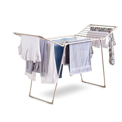 Image of Tower T873023MSH Winged Airer with 27 Clip Slots, 4 Hanging Slots, Flat Top and Two Side Wings, Foldable Design, Anti-Slip Feet, Weight Capacity 15kg, Latte