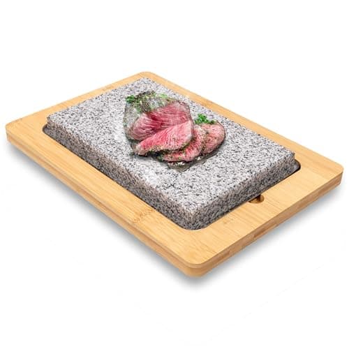 Image of NutriChef Sizzle Hot Cooking Stone Grill with Bamboo Platter, Tabletop Granite Stone Grill with Non-Slip Handles, Adjustable Temperature Control, 550°F Max Heat - Perfect for Meats and Vegetables