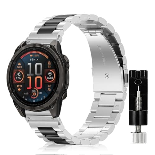 Image of SeNool QuickFit 22mm Strap for Garmin Fenix E 47mm/Fenix 8 47mm/Fenix 7 Pro/MARQ GOLFER (Gen 2), Metal Stainless Replacement Watch Band for Garmin Epix (Gen 2)/Fenix 7 Pro Solar/Fenix 7 - Silver/Black