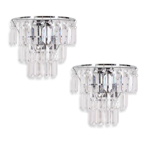 Image of ValueLights | Silver Chrome and Clear Acrylic Jewel Droplet Wall Light Fitting | Wall Lamps & Sconces, Home Décor & Improvement Essential | Pair of 2 | Includes Bulb | Mains Wired