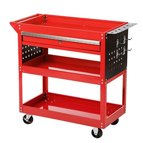 Image of Workshop Garage Tool Storage Trolley Cart with Sliding Drawer, 3-Tier Shelf Heavy Duty DIY Tools Service Carts on Wheels Red w / 4 Hooks and 2 Holes Panels