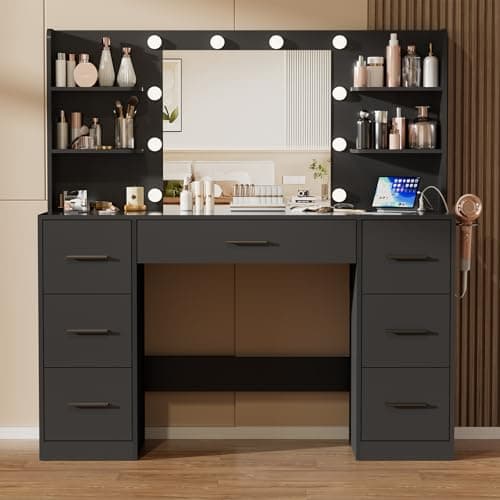 Image of JUMMICO Dressing Table with Mirror and 10 LED Lights,3 Colors Adjustable Brightness,Vanity Desk with 7 Drawers,Makeup Vanity with Power Outlet and Open Shelves,Modern Furniture for Bedroom（Black）