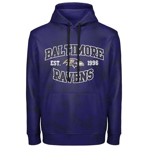 Image of FOCO NFL Men's Officially Licensed Established Wordmark Camo Performance Throwback Team Color Pullover Sweatshirt Hoodie, Baltimore Ravens - Purple, Large