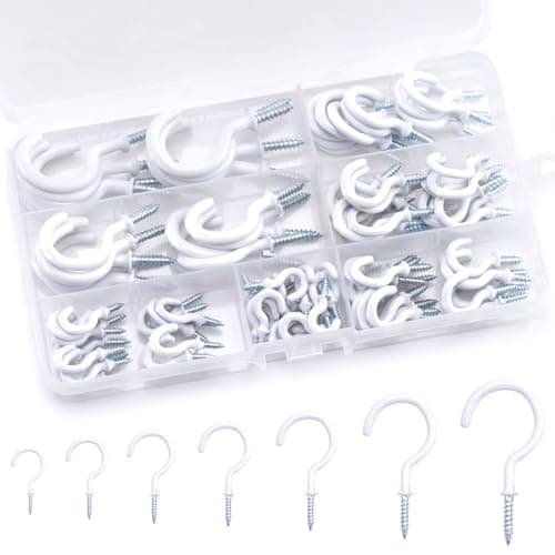 Image of KINGLAKE 115 Pcs White Screw in Hooks (7 Sizes), Plastic Coated Mug Cup Hooks Wall Ceiling Hook for Wood, Under Cupboard, Cabinet Shelf, Hanging Plant and Kitchen Utensils
