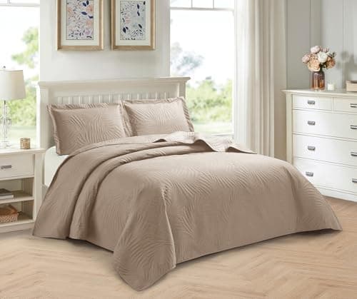 Image of PRIME LINENS 3 Piece Quilted Bedspread Embossed Leaf Pattern Bedding Set Bed Throw with Pillow Cases Machine Washable (Mink, Double)