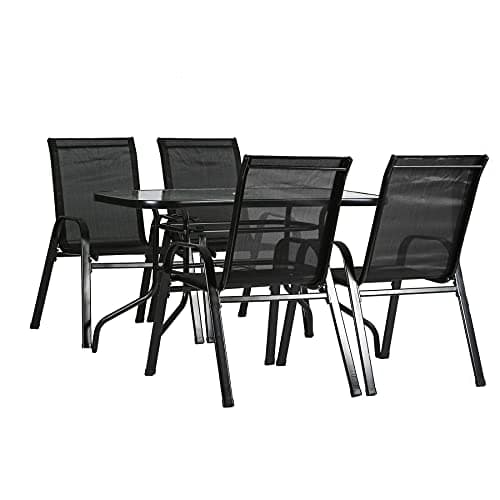 Image of Harbour Housewares 4 Person Garden Furniture Set - Outdoor 5 Piece Patio Furniture Set Black Rectangular Glass Top Garden Table with 4 Armchairs for Patio, Outdoors, BBQs