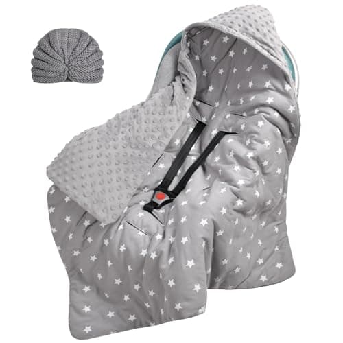 Image of Aolso Baby Car Seat Blanket, 2 PCs Baby Wrap with Holes for Harness Straps, Swaddle Blanket Fit for Car Seat, Pushchair, Pram, Buggy, Wrap with Hood for Newborn (89 x 89cm)