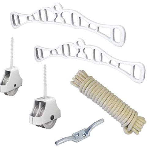 Image of Merriway BH07426 Clothes Laundry Airer Ceiling Dryer Set up Kit Pack, Rack Ends, Single Double Wheel Pulleys, Sash Rope Cleat Hook, White