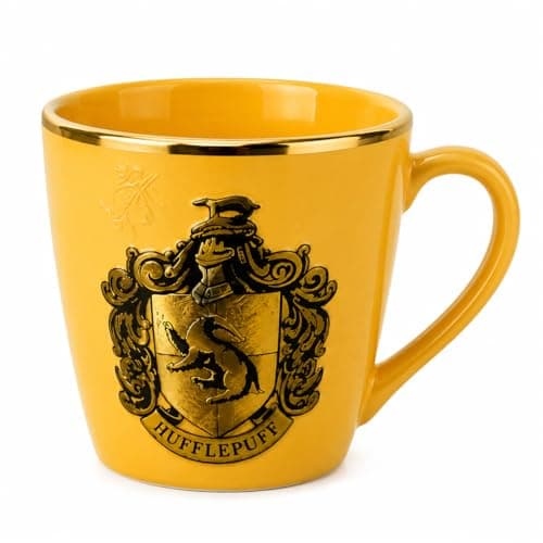 Image of Official Harry Potter Hufflepuff Mug – Gold Foil & 3D Embossed Crest Ceramic Coffee Cup with Gift Box, Wizarding World Collectible Mug for Tea & Coffee Lovers