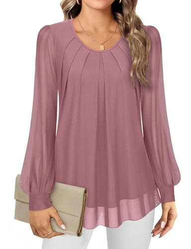 Image of Gemulate Womens Pink Chiffon Blouses for Women UK Double Layered Mesh Dressy Tunics Top Crew Neck Chiffon Top Evening Tops for Women UK Elegant Pink, L