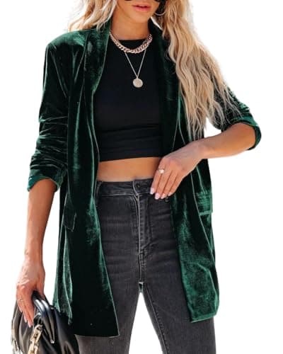 Image of MINTLIMIT Women's Long Velvet Cardigan Jacket Lapel Collar Open Front Vintage Cardigan 2025 Mid-Length Coat Blazer Dark Green