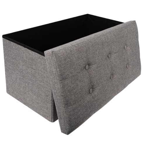 Image of Dripex Large Folding Storage Ottoman Box Toy Chest and Footstool Grey Linen Fabric, Chest with Lid, 80L Capacity, Comfy Sponge Bench Space Saving 76 x 38 x 38 cm