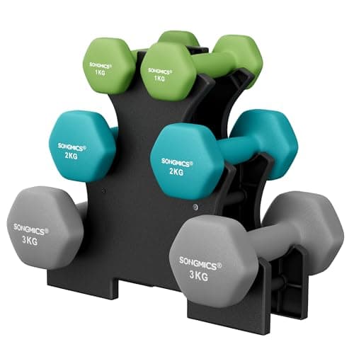 Image of SONGMICS Set of 6 Dumbbells with Storage Stand, Hand Weights with Neoprene Coating, Hexagonal Dumbbells, 1 kg, 2 kg, 3 kg, Home Workout, Fitness, Bright Green, Turquoise, and Light Grey SYL612GN