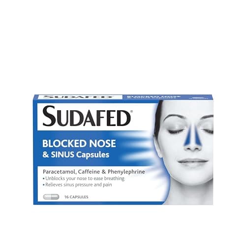Image of Sudafed Blocked Nose and Sinus Capsules (1x16 Capsules), Unblocks Nose to Ease Breathing, Pressure and Pain Sinus Relief, Decongestant with Phenylephrine Hydrochloride, Caffeine, and Paracetamol