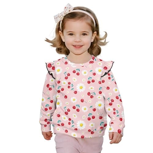 Image of Cumagical Pink Girls Cropped Ruffle Sweatshirt Fruit Print Cherry Daisy T-Shirt Fall Winnter Outdoor Clothing