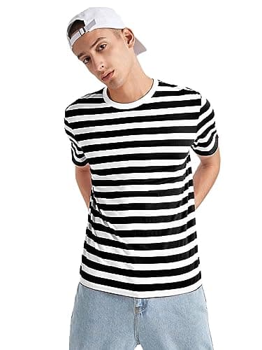 Image of Golomak® Men Women's Striped T-Shirt - Unisex Crew Neck Short Sleeve Stripes T-Shirt Casual Summer Top (Black-White, Medium)