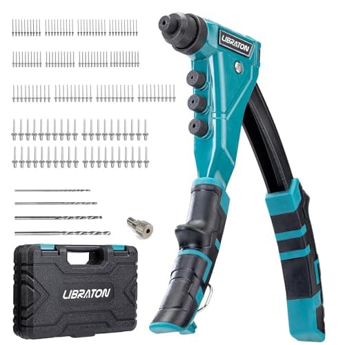 Image of LIBRATON Heavy-Duty Rivet Gun, Pop Rivet Gun Kit, Professional Pop Riveter, Manual Riveter Gun with 160 Aluminum Rivets, Includes 4 Drill Bits, 4 Tool-Free Interchangeable Nozzles, Storage Case