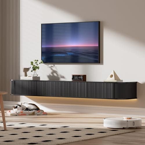 Image of PURFINO Floating TV Stand Unit with RGB LED Light - 180CM Wall Mounted TV Cabinet with Upgraded Storage & Rounded Edges, Modern TV Media Console for 65-75 Inch TVs